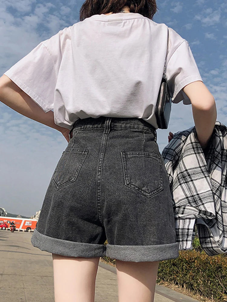 Shorts  New Summer Women High Waist Button Wigh Leg Jeans Shorts Casual Female Loose Fit Blue Denim Shorts