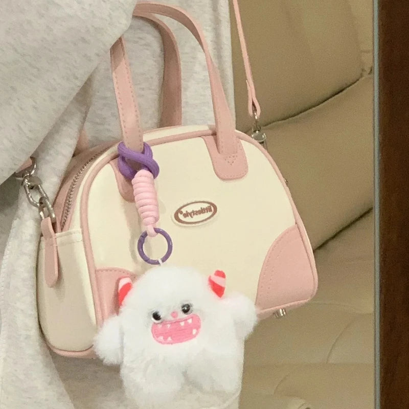 Handbags Xiuya Sweet Cute Handbags for Women Pu Leather Letter Pink White Boston Crossbody Bag New Vintage Elegant Bowling Shoulder Bag