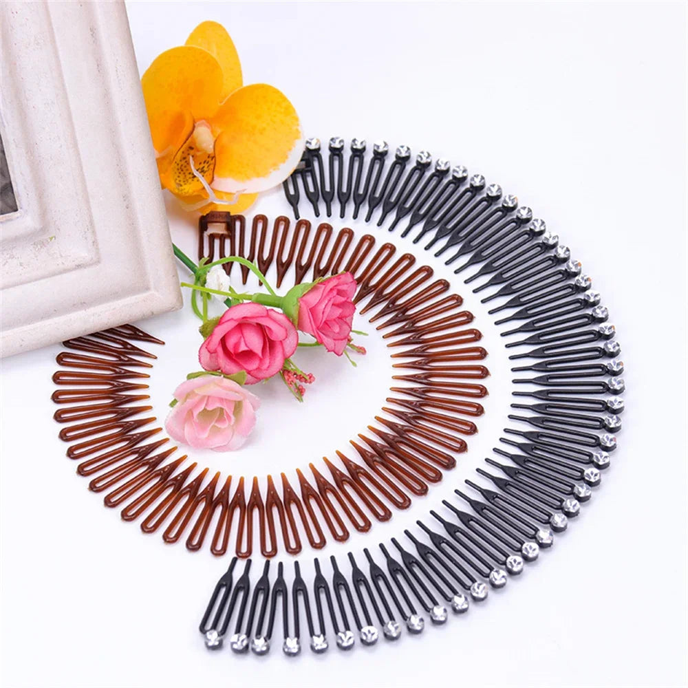 Elegant Look Fashion Elastic Flexible Comb Headband Luxury Rhinestone Heart Hairband Women Girls Fixed Hair Style Bun Headdress Accessories