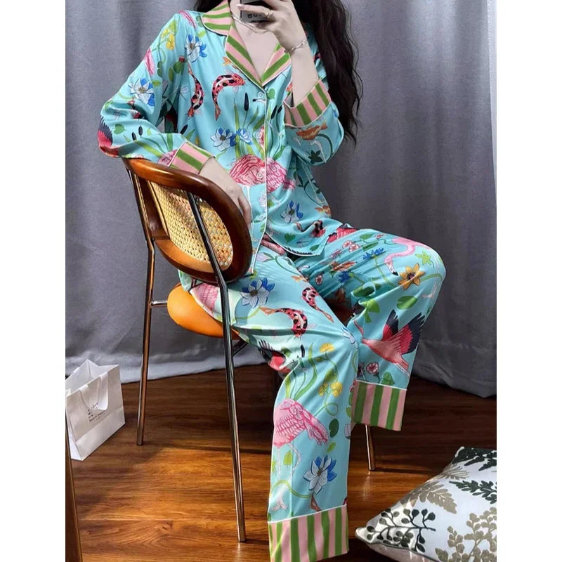 Pajama Sets 
Elegant Design Bird of Fire Cartoon Print Women's Pajamas Fashion Y2k Classical Lounge Sleepwear 2024 New Spring/Fall Housewear