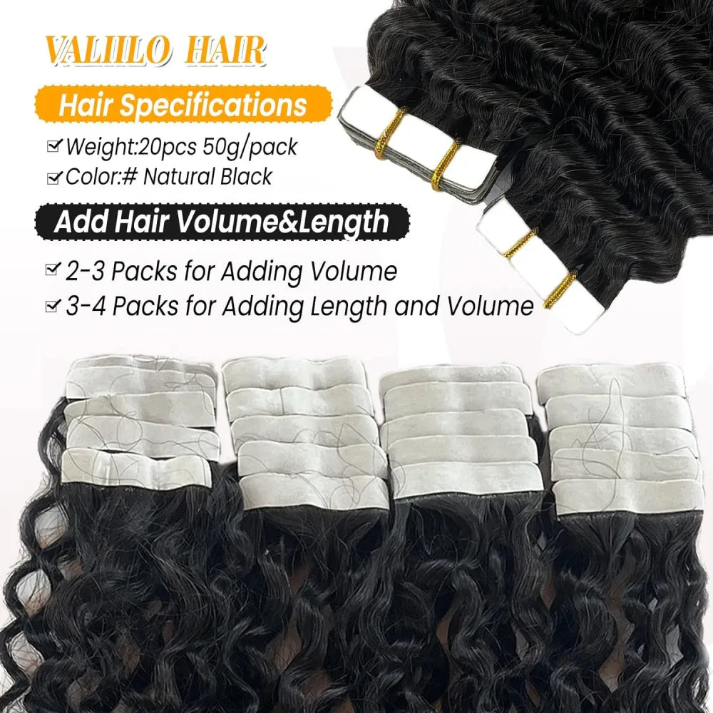 Hair Extensions and Wigs
Deep Wave Tape In Hair Extensions Skin Weft Adhesive Natural Black Tape In Curly Human Hair Extension 16-26 Inch Brazilian Hair