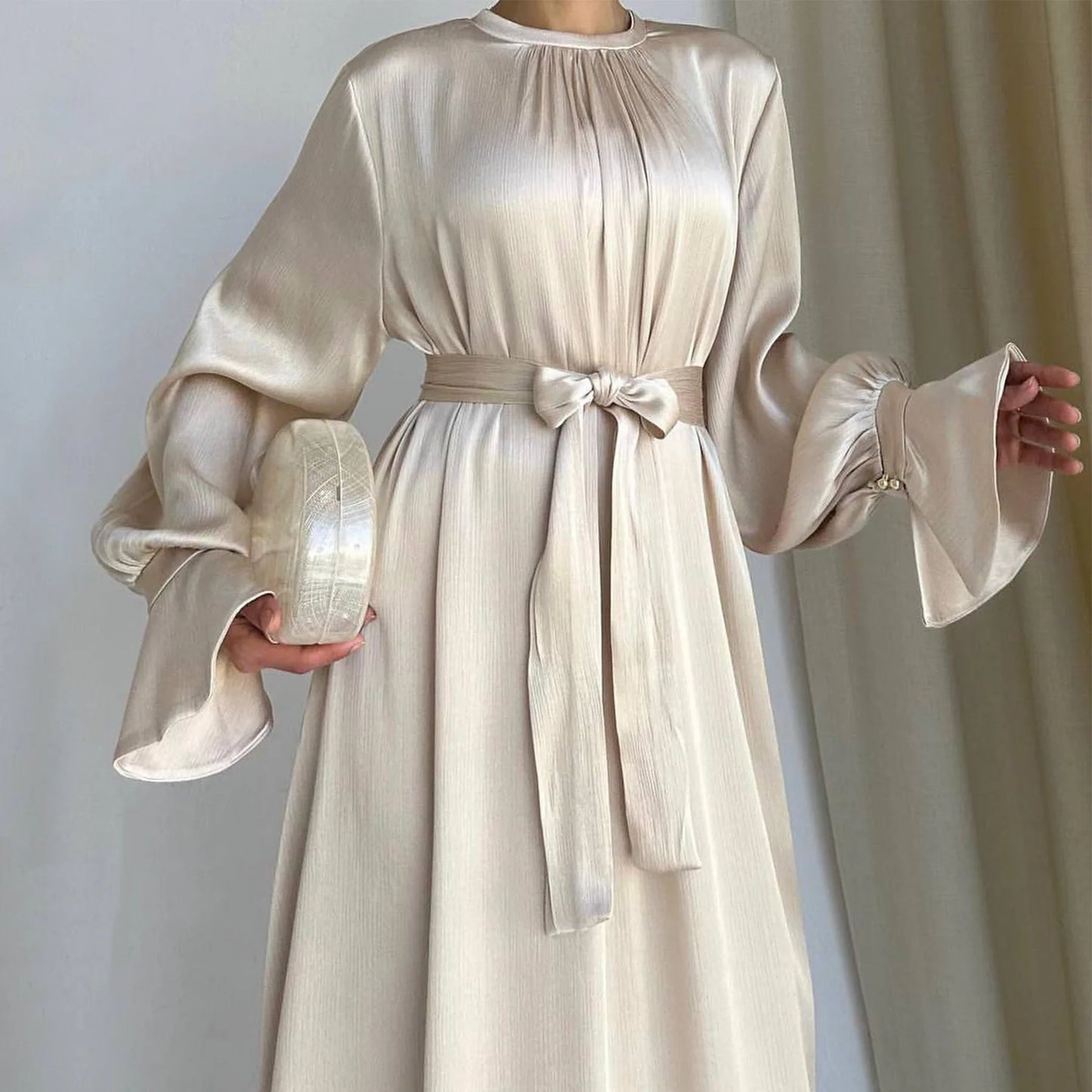 Elegant Satin Muslim Maxi Dress For Women With Belt Eid Ramadan Partywear Evening Ladies Long Dresses 2024 Dubai Kebaya Robe