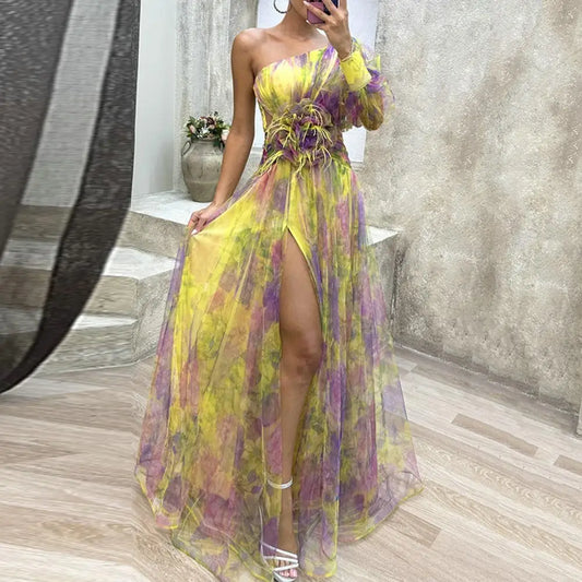 Formal Evening Dress Large Flower Embellished Evening Dress Doule-layered Tie-dye Flower Print Rose Mesh Bubble Sleeve Dress