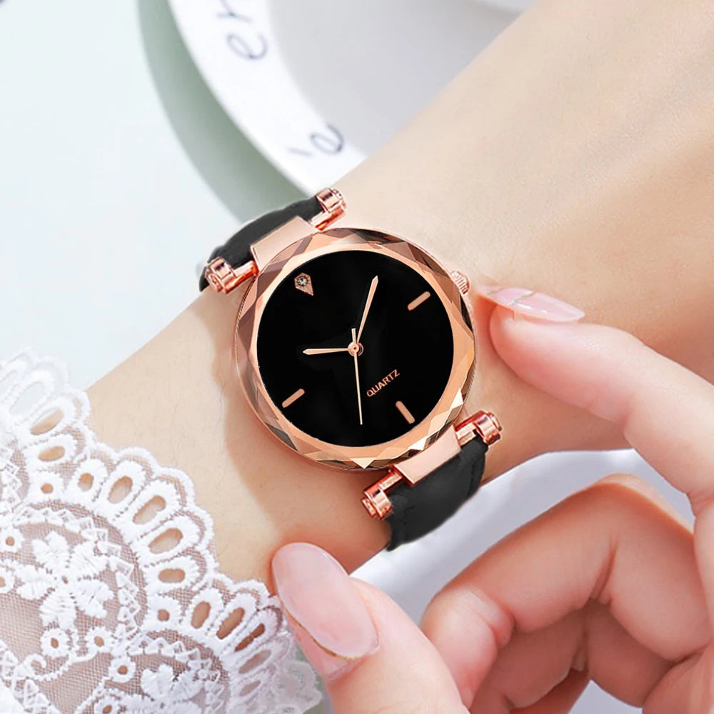 Women Watch 2pcs Luxury Fashion Women Watch Set PU Leather Strap Ladies Quartz Wristwatch Rhinestone RoseGold Alloy Bracelet for Ladies Gift