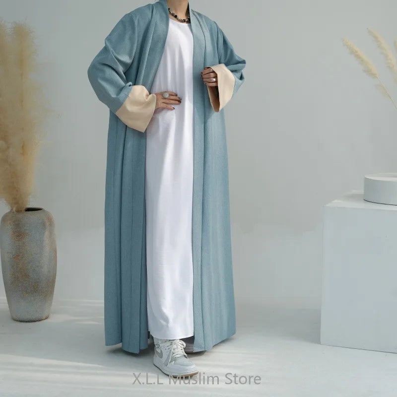 Linen Open Abaya Elegant Kaftan Cardigan Kebaya Islam Dubai 2024 Luxury Prayer Clothes Long Loose Women Robe Clothing With Belt