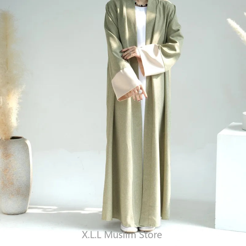 Linen Open Abaya Elegant Kaftan Cardigan Kebaya Islam Dubai 2024 Luxury Prayer Clothes Long Loose Women Robe Clothing With Belt