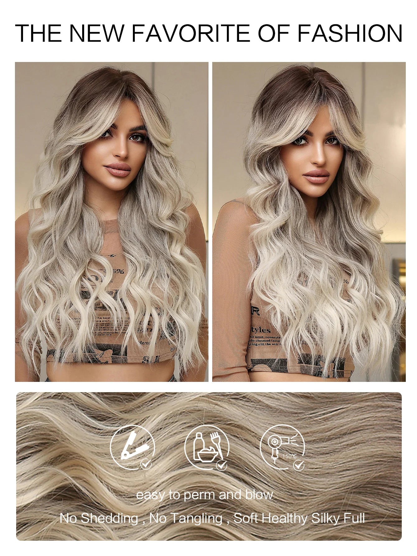 Hair Extensions and Wigs
Long Grey Blonde Wig Synthetic Wig for Women Ombre Blonde Wavy Wig with Bangs Cosplay Daily Party High Temperature Hair