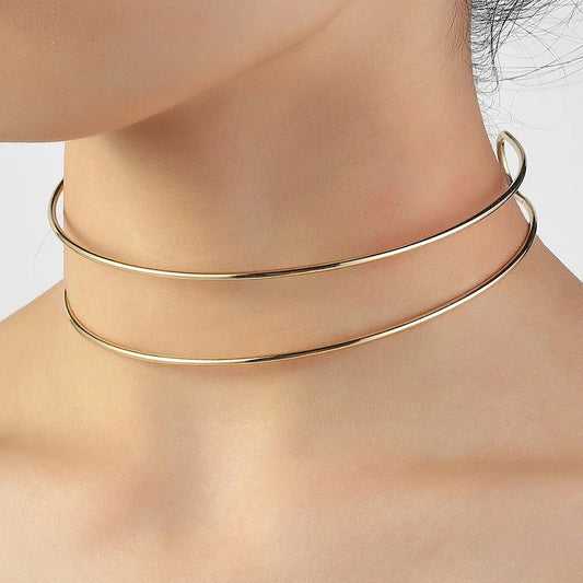 Necklaces Women New Simple Punk Style Gold Silver Color Torques Choker Necklace For Women Double Metal Line Chokers Dorado Collar Jewelry