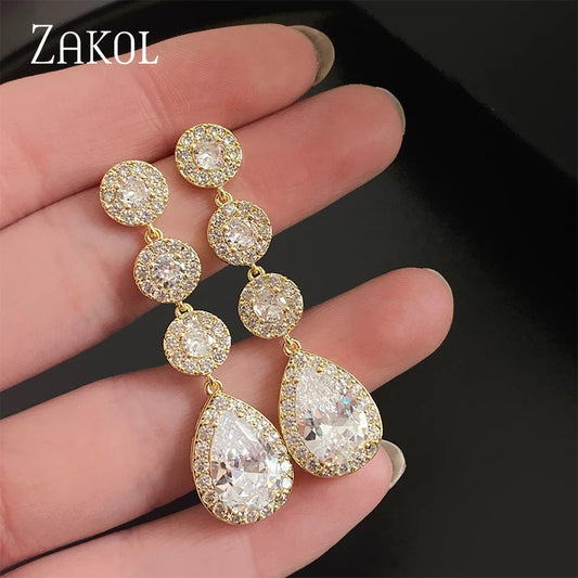 Earring  ZAKOL Band Round Wedding Jewelry Luxury White Water Drop Cubic Zircon Long Dangle Earrings for Women Engagement FSEP624