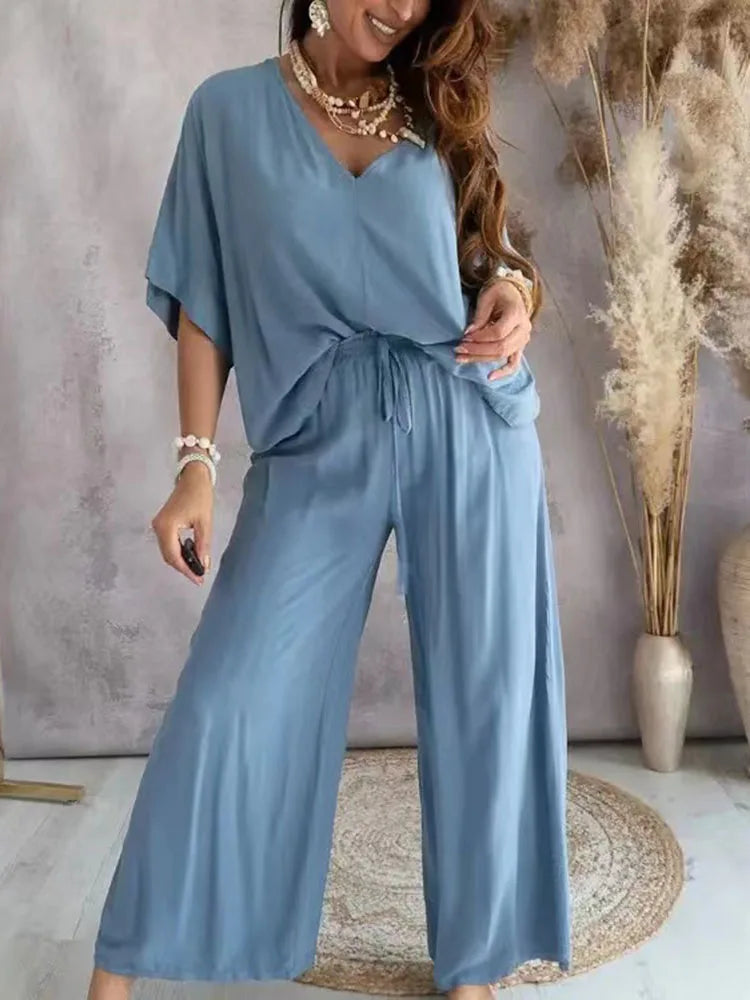 Pant-Sets Long Pant Sets Summer two piece set For Women V neck Bat Sleeve Casual Loose Wide-leg Pants 2 piece set solid color Outfits