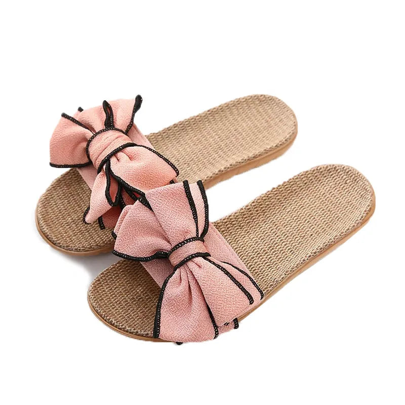 Flat Shoes Women Sneakers For Home Slippers Summer Bow-knot Soft Floor Woman Indoor Flats Shoes Cute Linen Slipper Terlik