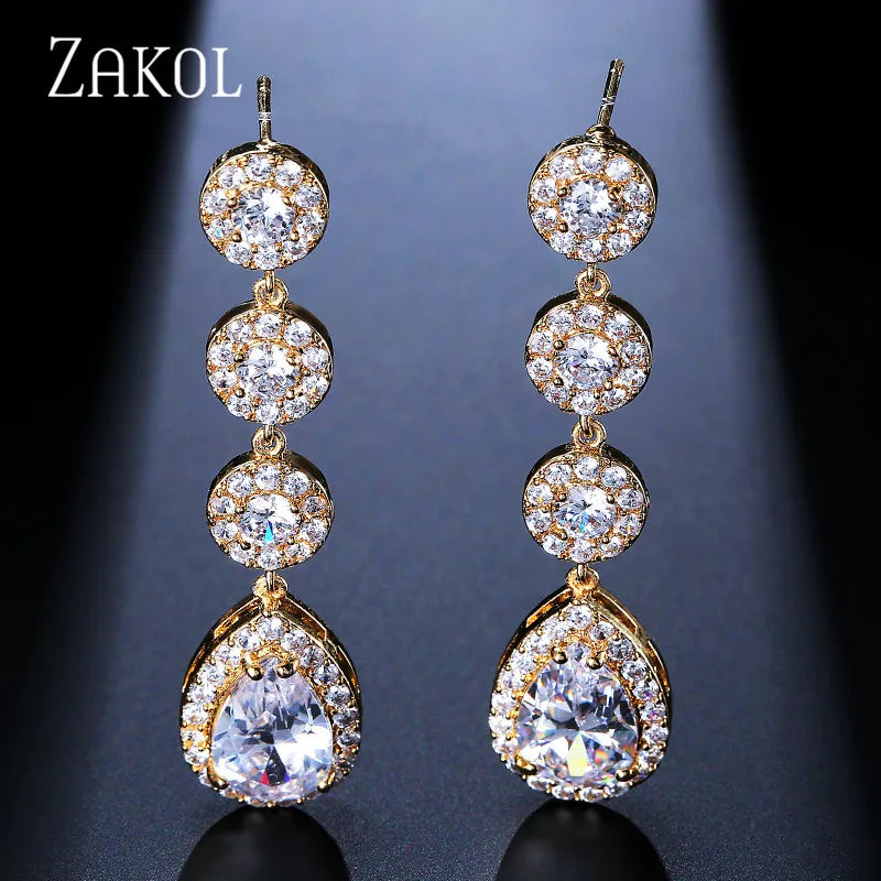 Earring  ZAKOL Band Round Wedding Jewelry Luxury White Water Drop Cubic Zircon Long Dangle Earrings for Women Engagement FSEP624