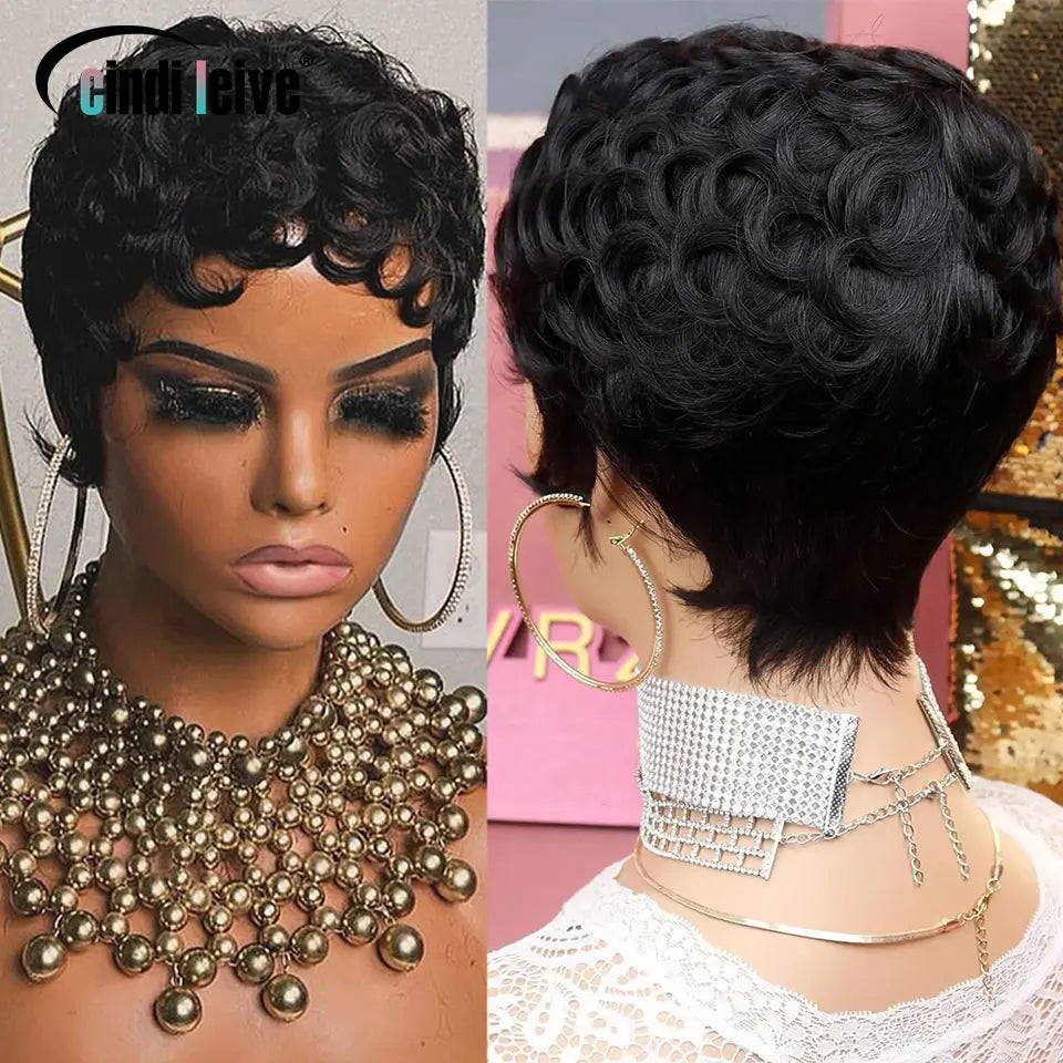 Hair Extensions and Wigs
Curly Pixie Cut Short Wigs For Black Women Natural Black Glueless Wig Peruvian Remy Human Hair Bob Full Machine Made Wigs 150%