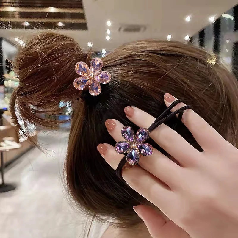 Elegant Look Hair Ties For Women Luxury Summer Sweet Cute Accessories Ponytail Elastic Rubber Bands Crystal Jewelry Decoration