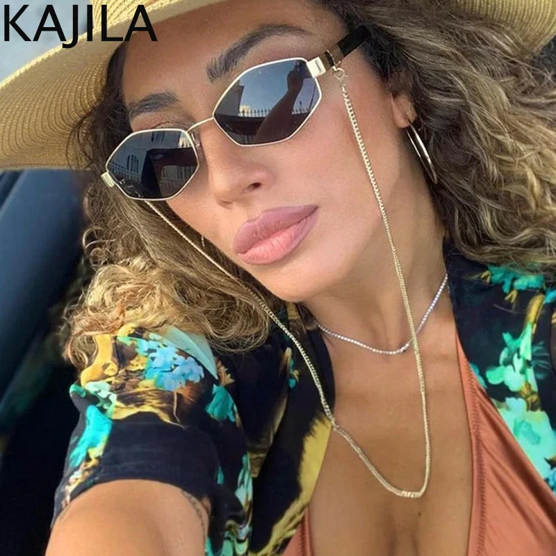 Women's Sunglasses Sexy Small Frame Hexagon Sunglasses Women With Chain 2024 Luxury Brand Designer Punk Sun Glasses For Ladies Shades Gafas De Sol