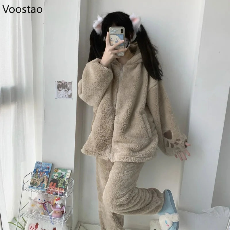 Winter Warm Sleepwear 
Autumn Winter Sweet Lolita Style Pajama Sets Women Kawaii Bear Ear Hooded Coral Fleece Warm Sleepwear Girls Cute Home Nightwear