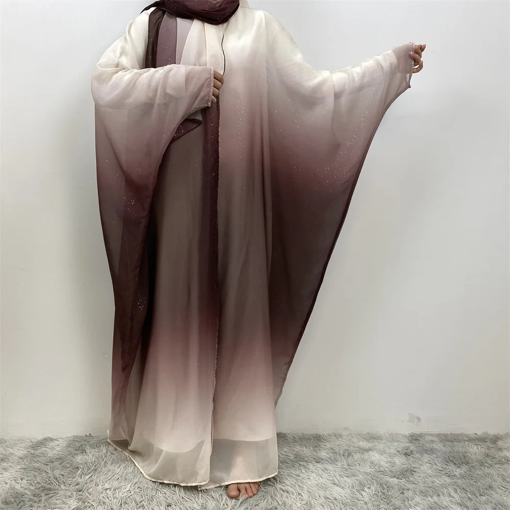 Dubai Luxury Shiny Gradient Color Abaya Open Kimono Muslim Dresses with Scarf Chiffon Modest Robe Khimar Islamic Kebaya Caftan