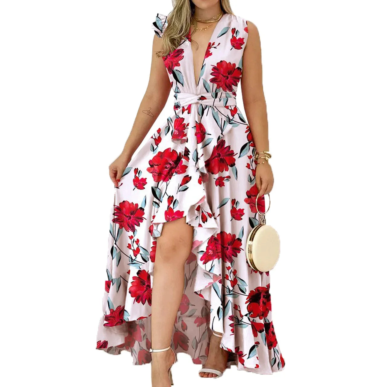 European Clothing
European American women dress 2023 high waist stand collar print long skirt fashion temperament commuter sleeveless dress female