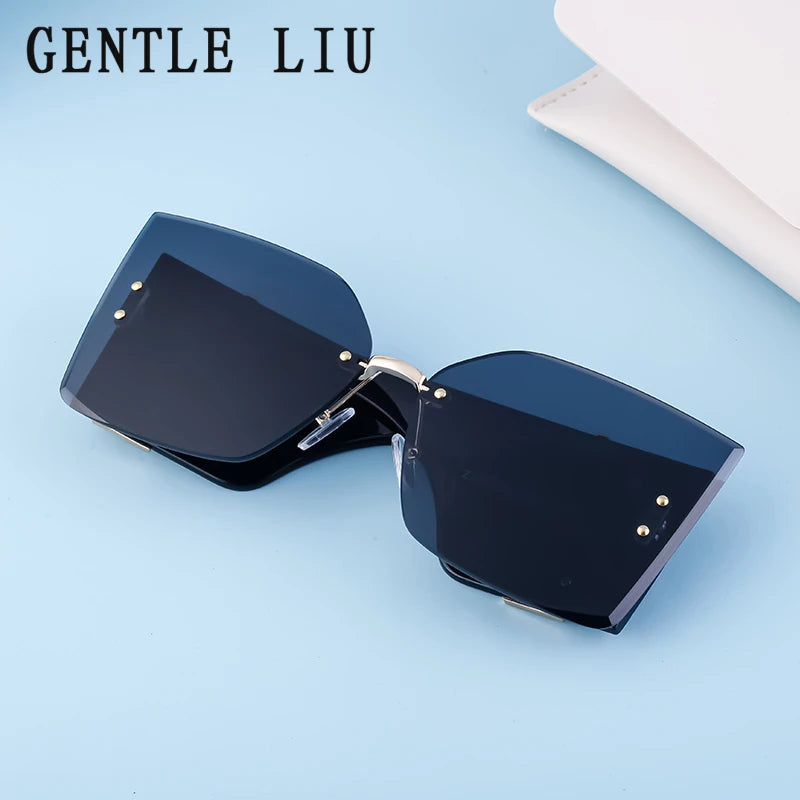 Women's Sunglasses Oversized One Piece Rimless Cat Eye Sunglasses Women 2024 Luxury Brand Designer New Fashion Sun Glasses Trends Frameless Eyewear