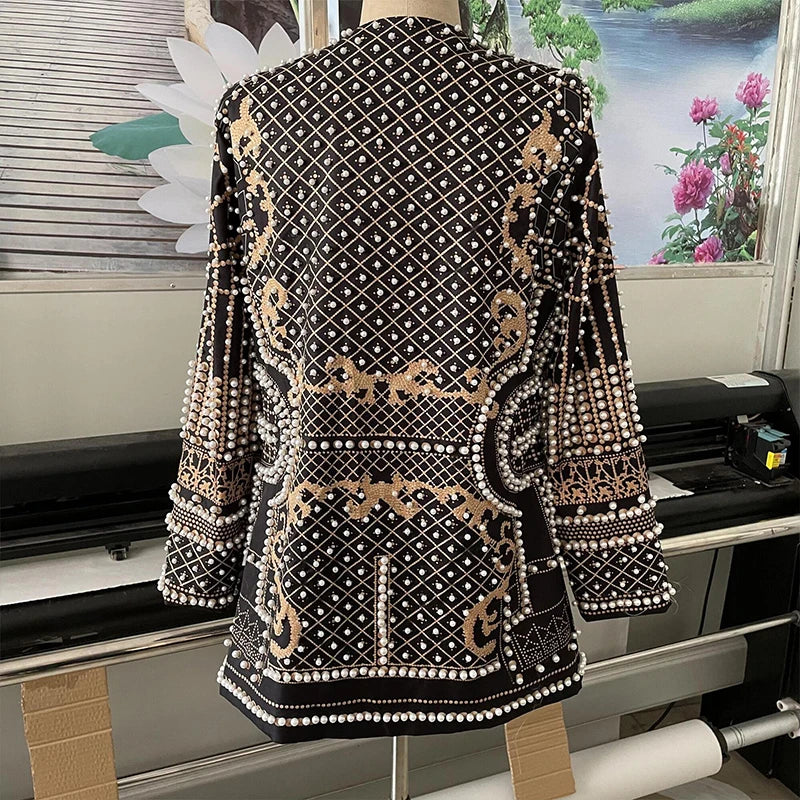 Plus Size Women Suit Jacket V-Neck Long Sleeved Bubble Bead Print Retro Plus Size Fashion Trend Versatile Loose Comfortable Suit Overcoat