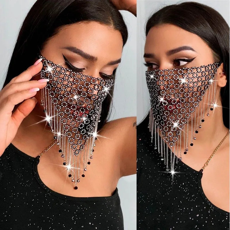 dancers  
Shiny Rhinestone Face Mask Bling Tassel Veil Mask Reusable Metal Crystal Belly Dance Face Veil Sequins Masquerade Party Jewelry