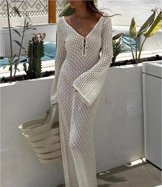 Knitted-Dress Sexy Women Long Knit Beach Dress Hollow-Out Deep