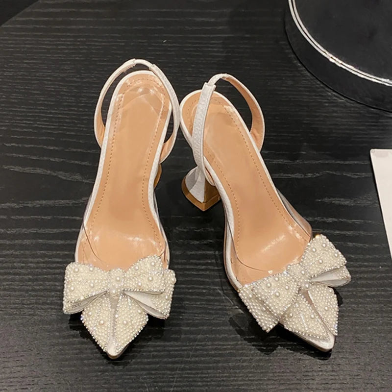 WOMEN SANDALS Fashion Design White Pearl Bowknot Women Pumps Sexy Pointed Toe High Heels Wedding Prom Shoe PVC Transparent Sandal Female