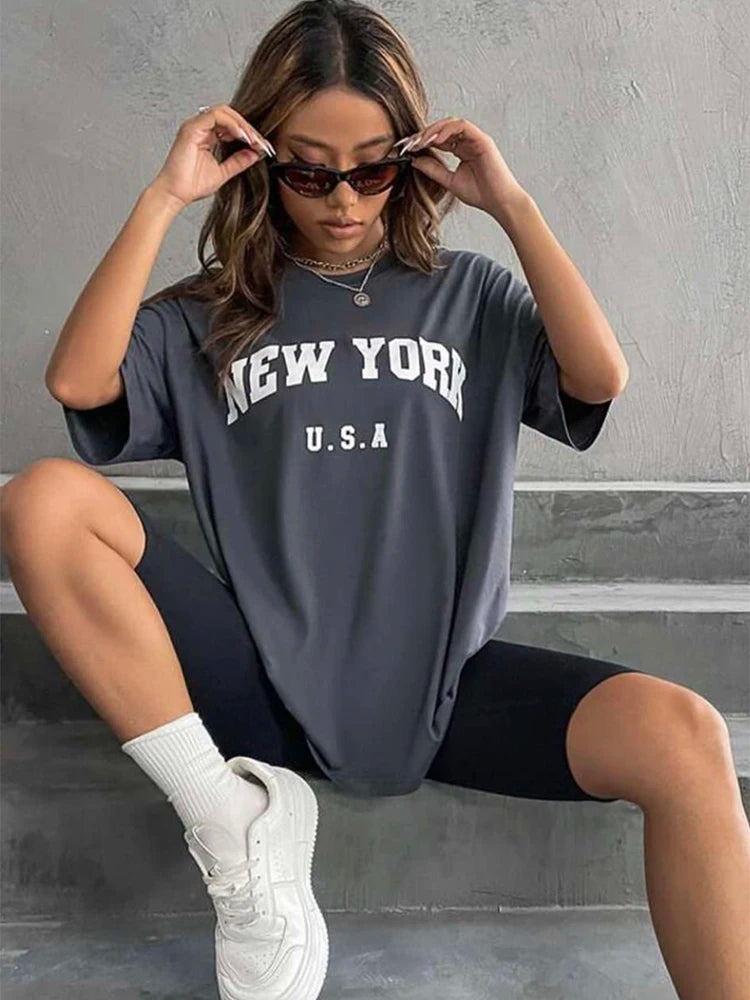 Plus Size Blessyuki New York Letter Print T-shirts Female Summer Basic O-neck Tees Casual Retro Streetwear Ladies Harajuku Plus Size Tops