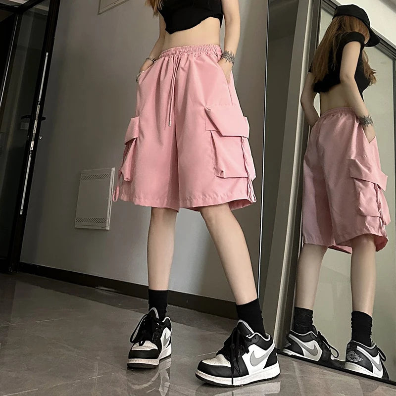 Shorts American Style Streetwear Summer Wide Leg Pants Fashion Female Big Pocket Loose Shorts New