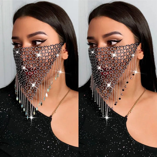 dancers  
Shiny Rhinestone Face Mask Bling Tassel Veil Mask Reusable Metal Crystal Belly Dance Face Veil Sequins Masquerade Party Jewelry