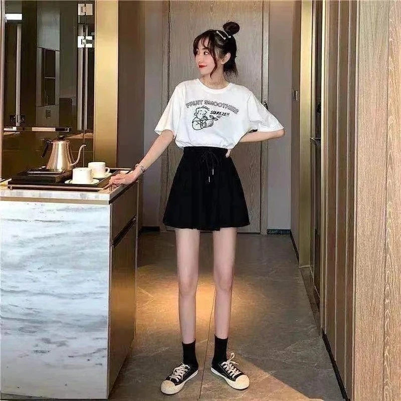 Shorts Summer Shorts Skirts Women Elastic High Waist Casual Wide Leg Shorts Korean A Line Loose Mini Skirt Black Short Pants