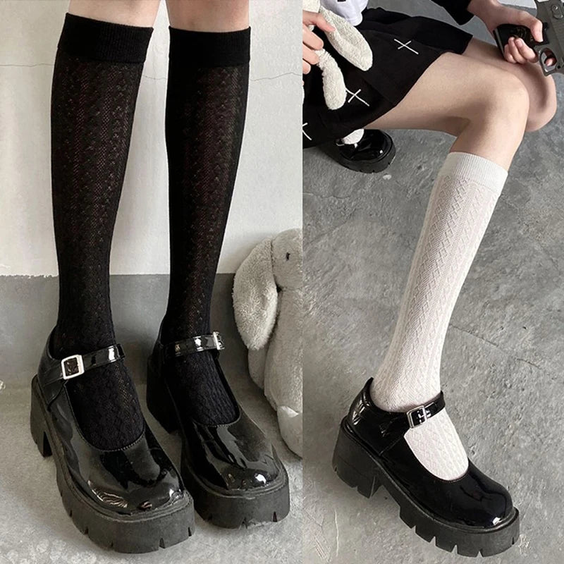 Stockings 
Japan Style High School Student Stockings Long Socks Solid Black White Summer Thin Woman Socks JK Costumes Girls Knee High Socks