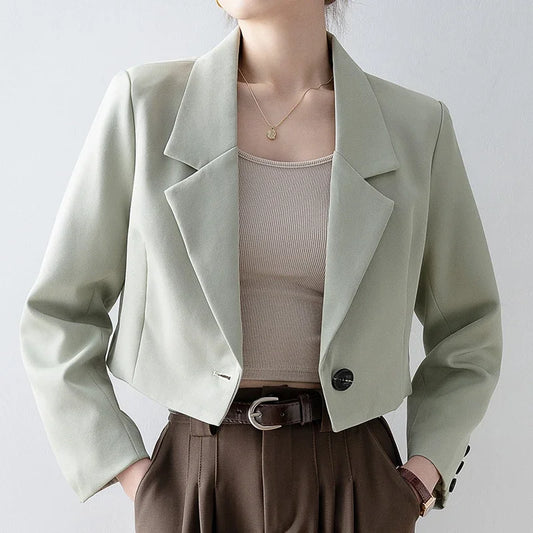 Plus Size Suit Jacket Women Short Blazer Solid Long Sleeve Coat Office Lady Wear Fashion Korean Crop Outwear Trendy Suit Topcoat Plus Size