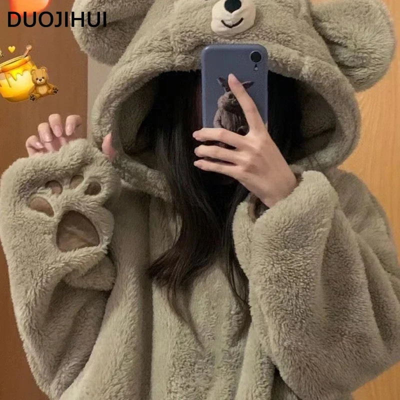 Winter Warm Sleepwear 
DUOJIHUI Hooded Winter Flannel Lovely Loose Female Pajamas Set New Simple Casual Fashion Print Thick Warm Soft Pajamas for Women