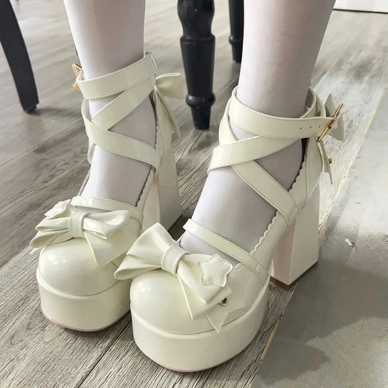 WOMEN SANDALS Lolita Shoes Women Mary Janes High Heels Shoes Chunky Sandals Summer Fashion Retro Bow Party Platform Pumps