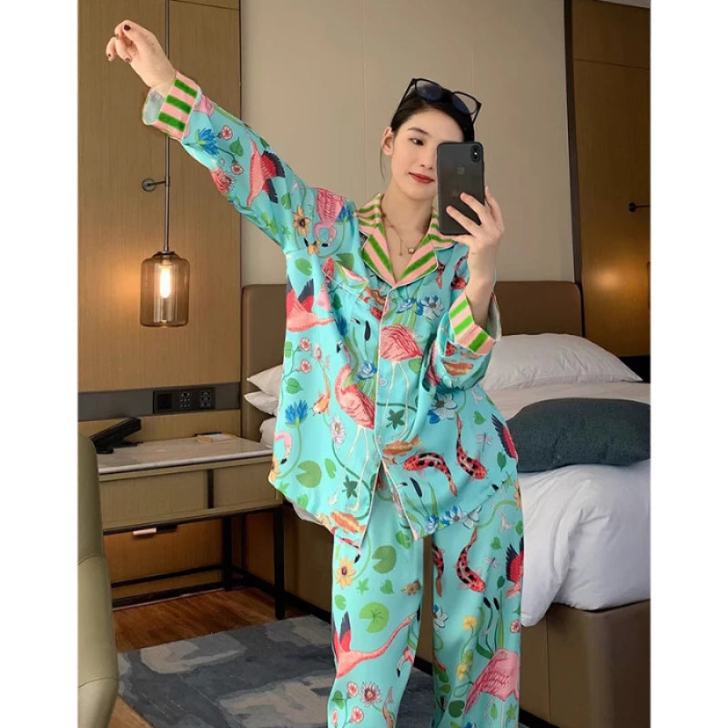 Pajama Sets 
Elegant Design Bird of Fire Cartoon Print Women's Pajamas Fashion Y2k Classical Lounge Sleepwear 2024 New Spring/Fall Housewear