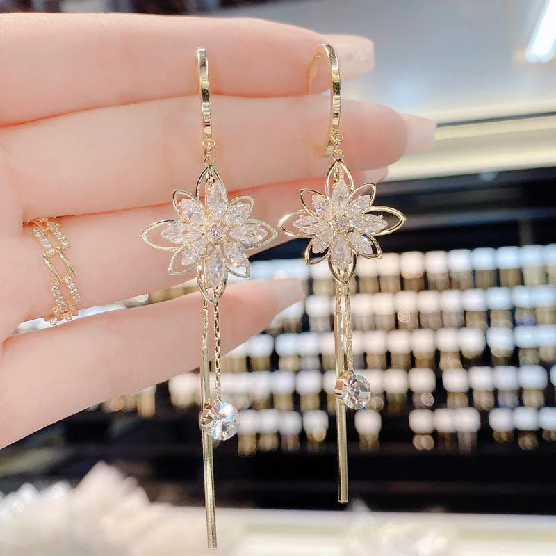 Earring  Luxury Crystal Flower Tassel Drop Earrings for Women Shiny Zircon Opal Long Dangle Earrings Girls Party Wedding Jewelry Gift