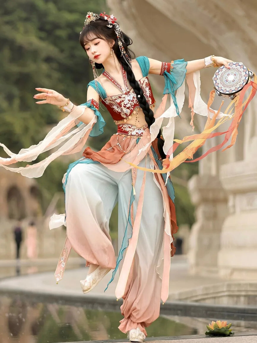 Exotic 
Improved Hanfu Female Dunhuang Kweichow Moutai Pants Suit Exotic Style Han Elements Western Performance Wear Shooting Photo