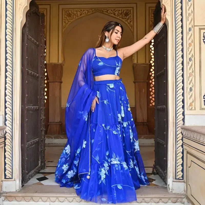 India and Pakistan Clothing 
Blue Print Lehenga Choli Strap Blouse Flower Print Dress Indian Clothing Semi Stitch