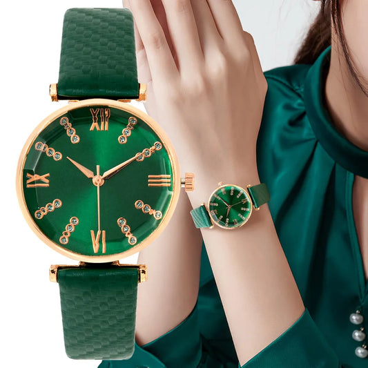 Women Watch Luxury Ladies Brand Diamond Roman Design Lady Watches Dress Quartz Watch Fashion Green Leather Strap Women Wristwatches