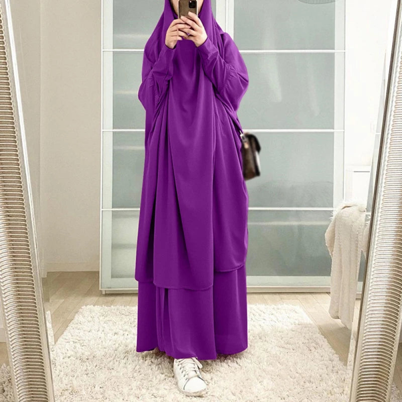 India and Pakistan Clothing 
Muslim Sets One Pieces Prayer Clothing Long Hooded Smocking Sleeve Shirts Hijab Loose Maxi Skirts Elastic Waist Women Abaya Sets