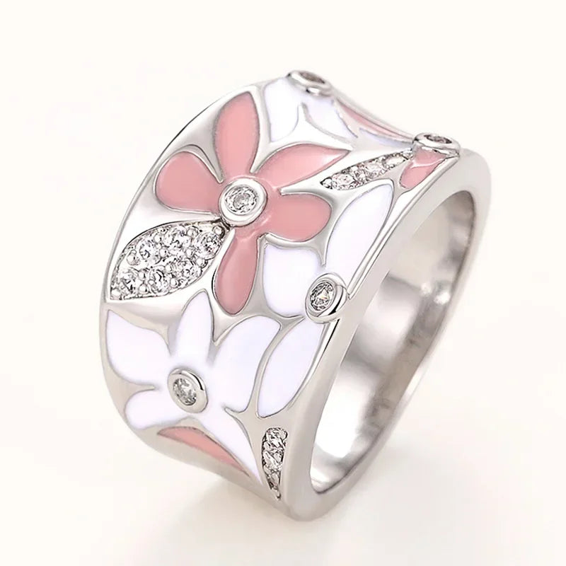 Luxury  Rings Aesthetic Enamel Flower Finger Ring for Women Wedding Party New 2023  Silver Color Luxury Cubic Zirconia Jewelry Gift