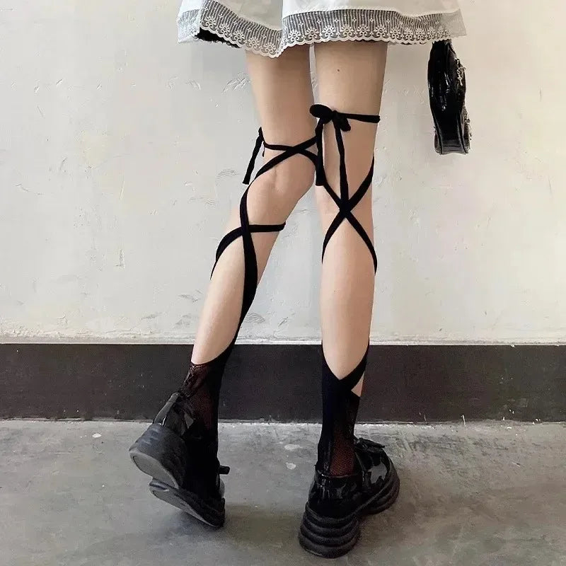 Stockings 
Jk Tie Lace Fishnet Stockings for Women Irregular Split-toe Calf Socks Middle Tube Socks Straps Summer Sexy Long Japanese Socks