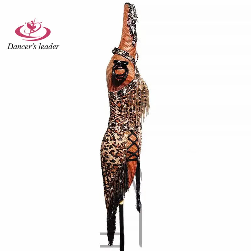 European Clothing
Latin dance Dress High end Customized Leopard Hollow out European and American Style Cha Cha Tango Stage Professional Clothing