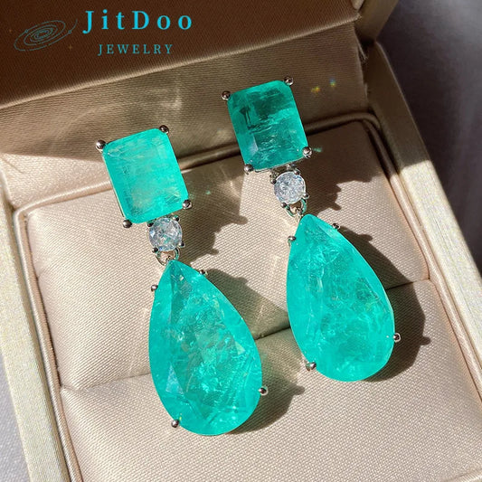 Earring  JitDoo Paraiba Earrings Silver 925 for Women Tourmaline Emerald Big Drop Earrings Luxury Designer Fine Jewelry Christmas Gift