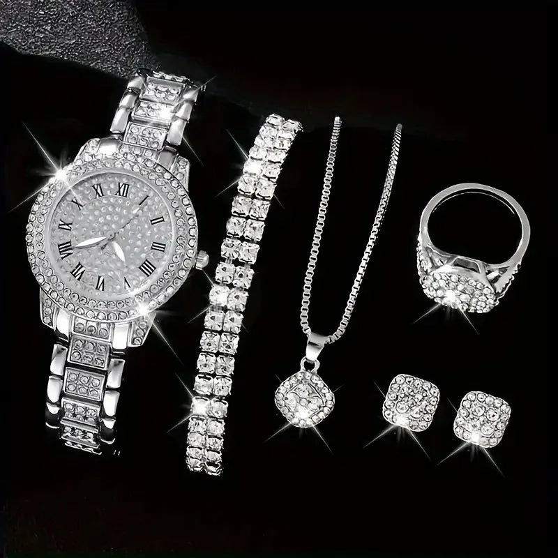 1 Women Watch 6PCS Set Women Watch Clock Roman Dial Luxury Brand Design Casual Ladies Quartz Wrist Watch Bracelet Set Women Montre Femme Reloj