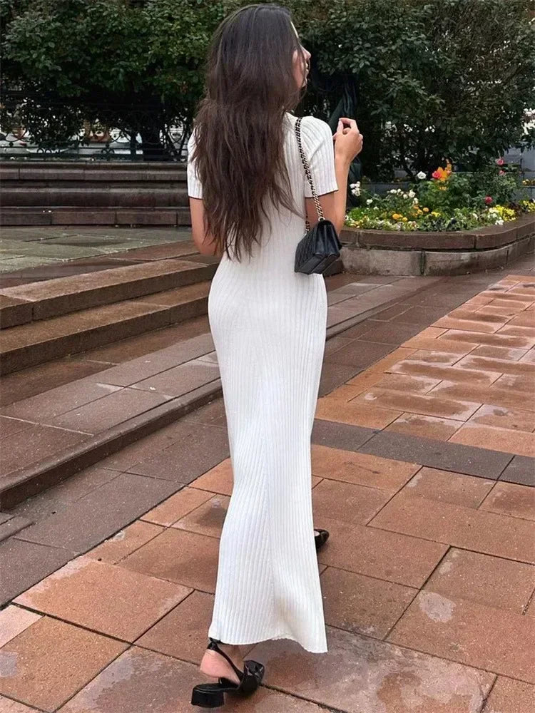 Knitted-Dress Fashion Maxi Dress For Women Short Sleeve Patchwork Elegant Party Dress Lapel High Waist Knitwear