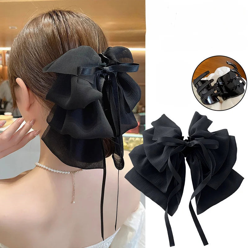 Elegant Look New Bow Floating Ribbon Grip Clip Girls Elegant Ponytail Braid Claw Clip Retro Luxury Female Hair Card Hair Accessories