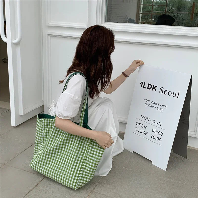 Travel Bag Women Canvas Shoulder Bags Plaid Double-side Large Capacity Handbags Female Shopping Portable Lazy All-match Foldable Tote Bag