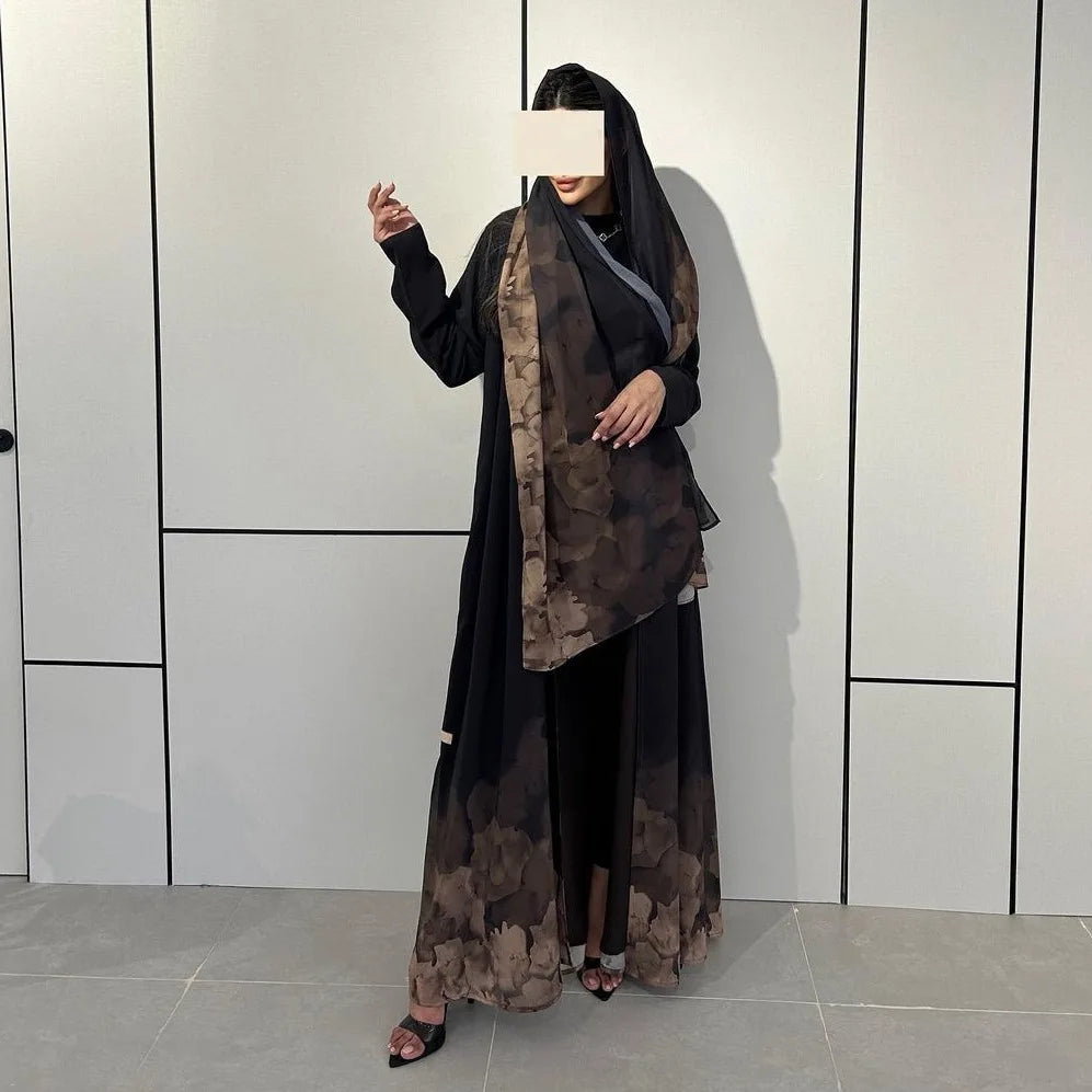 Muslim Women Print Hijab Dress Set Dubai Kimono Jalabiya Open Abaya Turkey Kaftan Kebaya Islam Clothing Caftan Marocain Femme